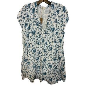 NWT CP Shades Blue Ditsy Floral Notched Neck Mini Dress Cotton Beach Malibu M